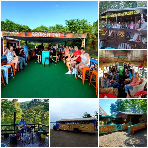 A vibrant outdoor venue with people enjoying music, colorful seating, and a lively atmosphere by the water.