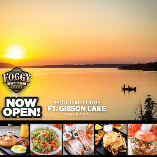 Sunset over Ft. Gibson Lake with a fishing boat; promotional text for Foggy Bottom Kitchen's grand opening.