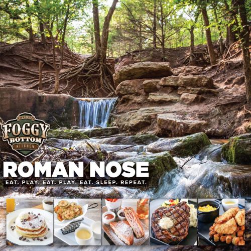 A serene forest scene with a waterfall, featuring a collage of delicious dishes from Foggy Bottom Kitchen.
