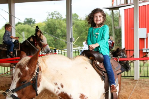 A smiling child sits on a horse at a riding facility, with other horses and a green landscape in the background.