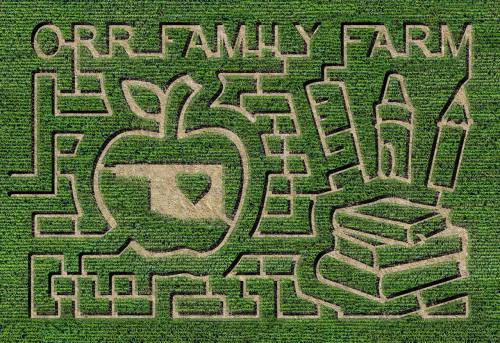 Aerial view of a corn maze featuring an apple, books, and a pencil, labeled "Orr Family Farm."