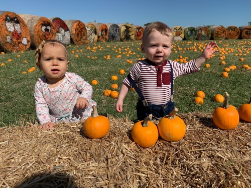 Two toddlers sit among pumpkins on straw, with colorful hay bales in the background on a sunny day.