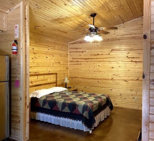 Cozy wooden cabin interior featuring a bed with a quilt, a lamp, and a ceiling fan.