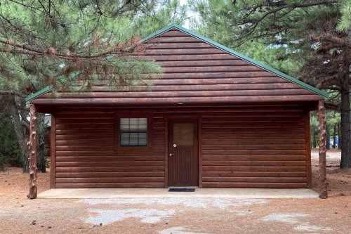 A rustic wooden cabin with a green roof, surrounded by tall pine trees and a gravel path.