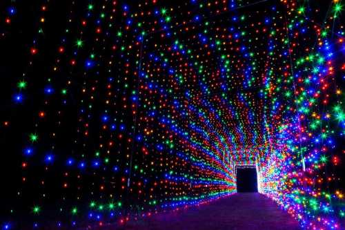 A vibrant tunnel illuminated with colorful lights in red, blue, and green, creating a dazzling visual effect.