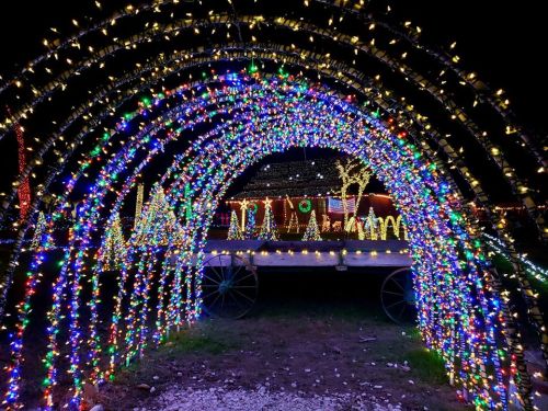 A colorful archway of lights leading to a festive display of holiday decorations at night.