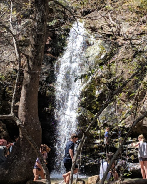 A waterfall cascades down rocky terrain, surrounded by trees and people enjoying the natural scenery.
