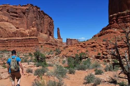 A person walks through a desert landscape with red rock formations and blue skies in the background.