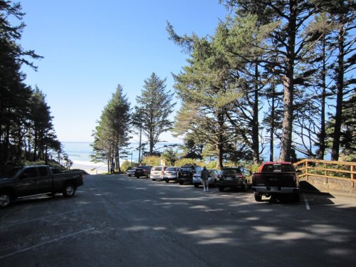 A parking area surrounded by trees, leading to a beach with ocean views in the distance under a clear blue sky.