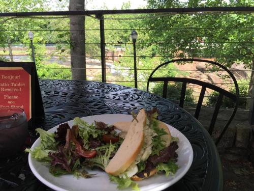 A plate with a sandwich and salad on a table, overlooking a scenic view of trees and a river.
