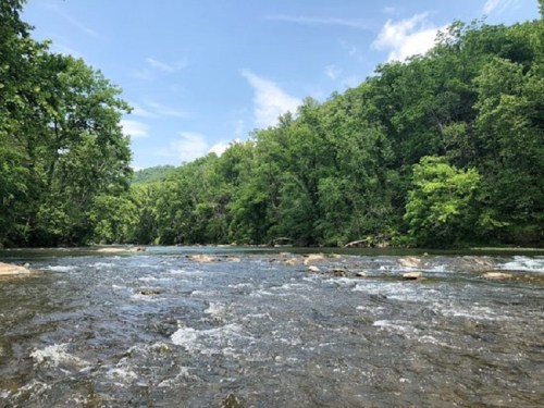 A serene river flows through a lush green landscape under a clear blue sky.
