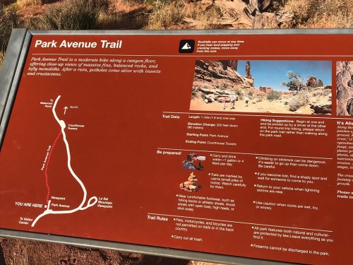 Sign for Park Avenue Trail, detailing the route, trail data, rules, and safety tips for hikers in a desert landscape.