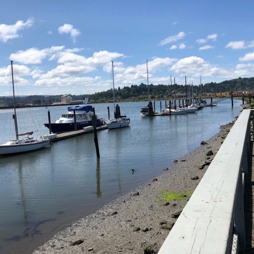 A calm river scene with sailboats docked, blue skies, and fluffy clouds reflecting on the water.