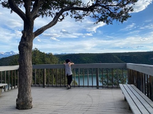 A person leans against a railing on a wooden deck, overlooking a scenic landscape with trees and a river.
