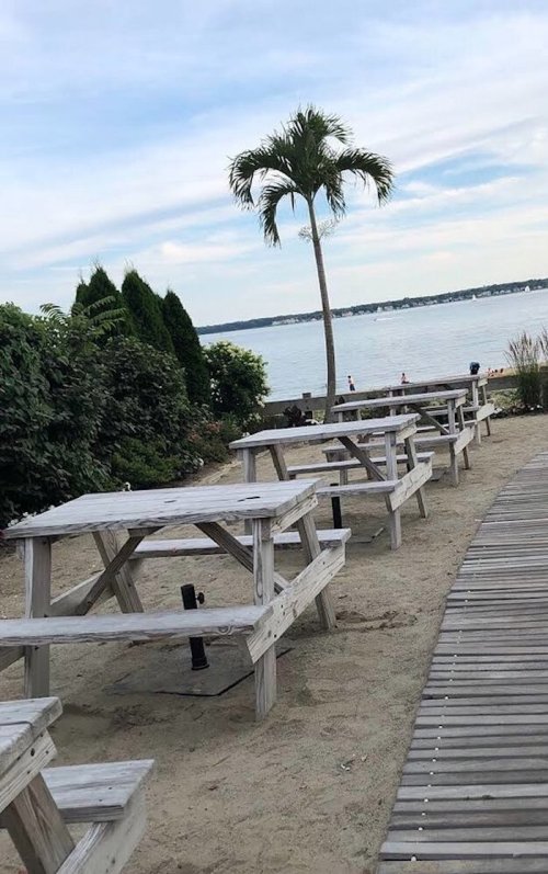 A sandy area with wooden picnic tables, a palm tree, and a view of the water under a cloudy sky.