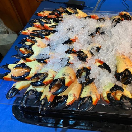 A display of large crab claws arranged on ice, set on a blue table.