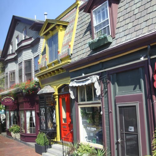Colorful historic buildings with unique architectural details and flower boxes along a sunny street.