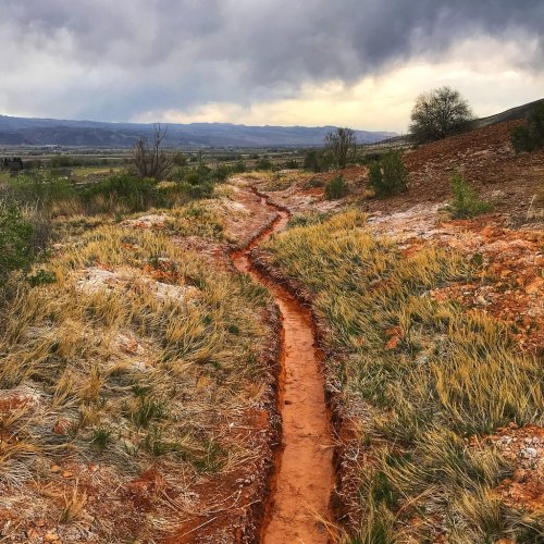 A winding dirt path through grassy terrain under a cloudy sky, with distant mountains in the background.