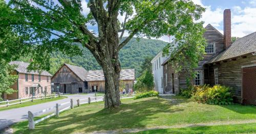 A scenic view of a historic village with wooden buildings, a large tree, and mountains in the background under a blue sky.
