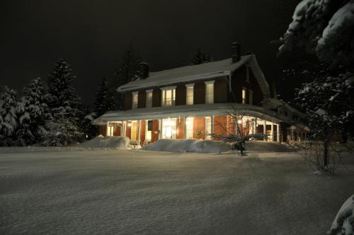A cozy house illuminated at night, surrounded by deep snow and tall trees under a dark sky.