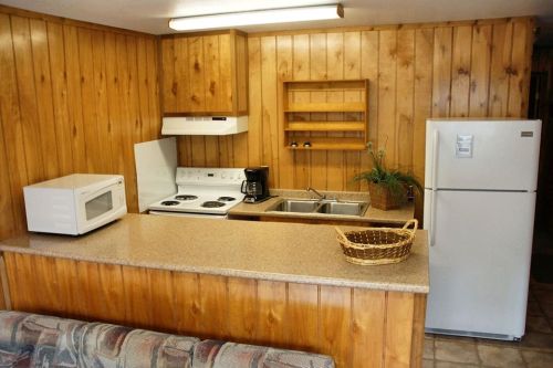 Cozy kitchen with wooden paneling, featuring a stove, microwave, sink, coffee maker, and a refrigerator.