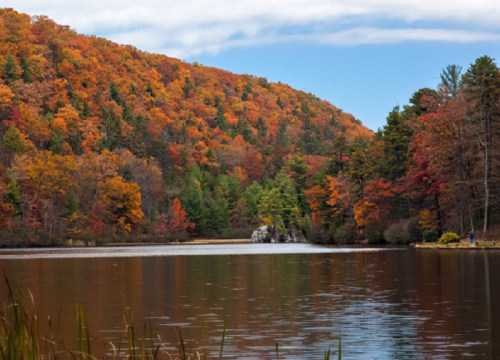 A serene lake surrounded by vibrant autumn foliage and a clear blue sky, with a person walking along the shore.