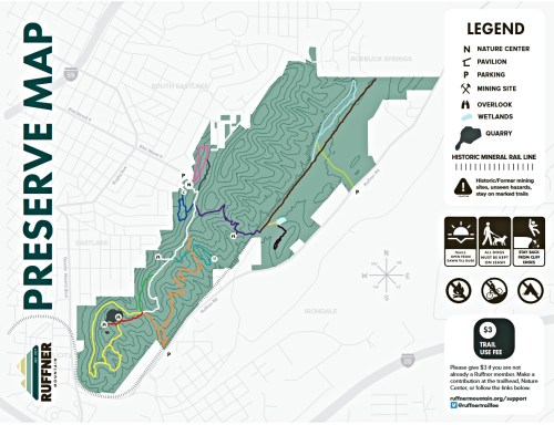 Map of Ruffner Preserve showing trails, parking, and key features like the nature center and wetlands.