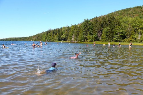 People swimming and enjoying a sunny day in a lake surrounded by trees and hills.