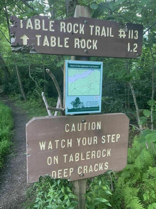 Trail sign for Table Rock Trail #113, indicating distance and caution about deep cracks on the path.