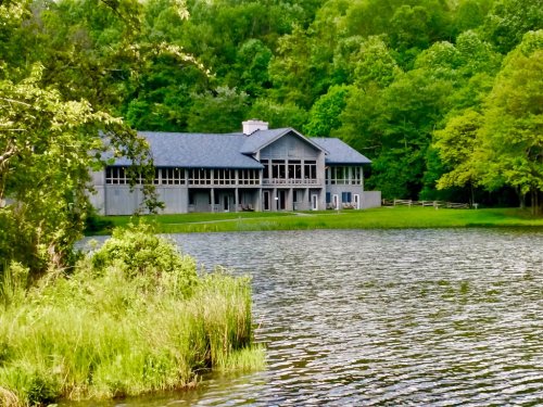 A serene lake view with a modern building surrounded by lush green trees and grass.
