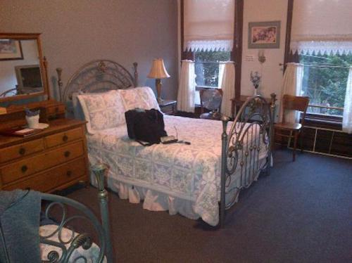 A cozy bedroom featuring a metal bed, dresser, lamp, and chair, with natural light coming through the windows.