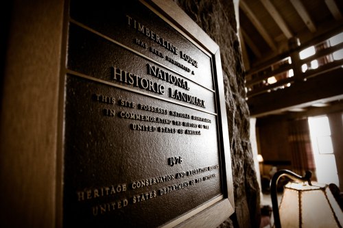 Plaque at Timberline Lodge designating it as a National Historic Landmark, highlighting its historical significance.