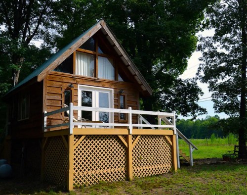 A cozy wooden cabin with a deck, surrounded by trees and greenery, under a clear sky.