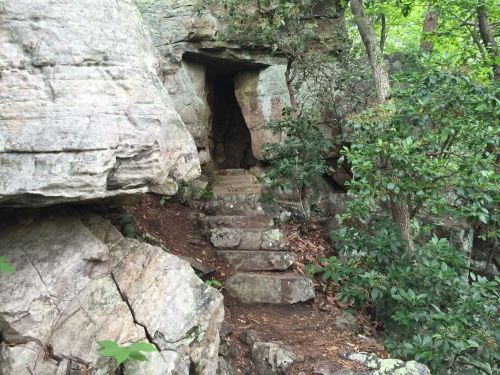 A rocky entrance to a cave surrounded by greenery and stone steps leading up to it.