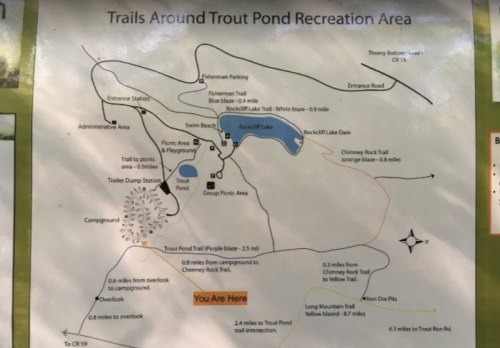Map of Trout Pond Recreation Area showing trails, parking, and key locations like Rockcliff Lake and campgrounds.