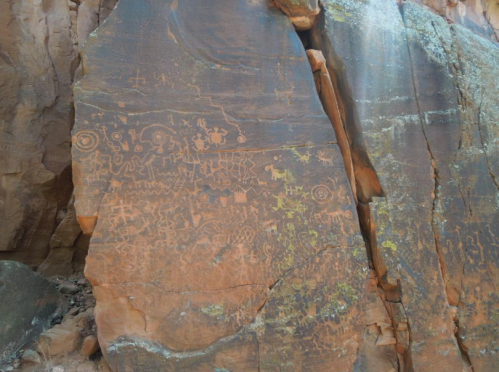 Petroglyphs etched into a large rock surface, showcasing various ancient symbols and figures in a desert landscape.