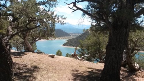 Scenic view of a lake surrounded by trees and mountains under a clear blue sky.