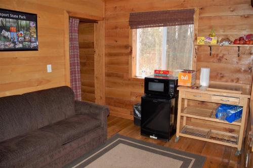 Cozy wooden cabin interior with a couch, microwave, and a cart holding drinks and snacks by a window.