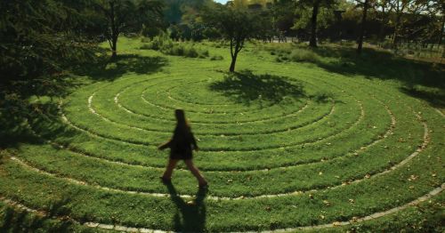 A person walks through a circular grass labyrinth surrounded by trees and greenery on a sunny day.