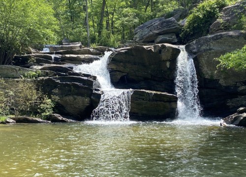 A serene waterfall cascading over rocks into a calm pool, surrounded by lush green trees.