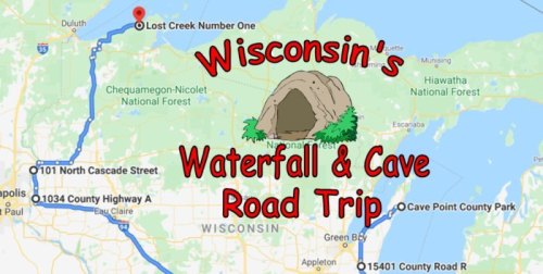 Map highlighting Wisconsin's Waterfall & Cave Road Trip, featuring locations like Lost Creek Number One and Cave Point County Park.