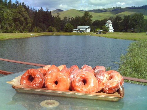 A tray of glazed donuts sits on a table by a serene lake, surrounded by green hills and a distant white building.