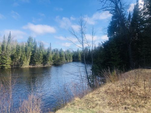 A serene river flows through a forested landscape under a blue sky with scattered clouds.