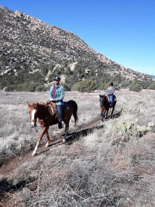 Two riders on horseback traverse a rocky trail in a mountainous landscape under a clear blue sky.