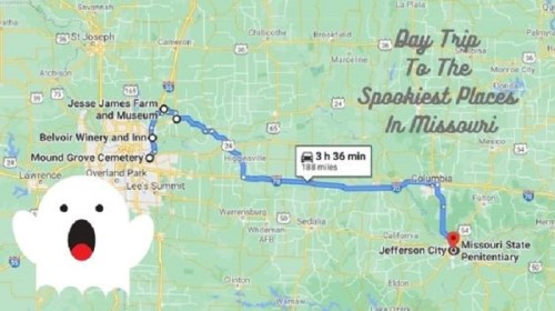 Map showing a day trip route to spooky places in Missouri, including Jesse James Farm, Belvoir Winery, and Missouri State Penitentiary.