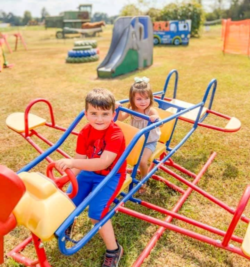 Two children play on a colorful airplane-shaped playground structure in a sunny outdoor setting.