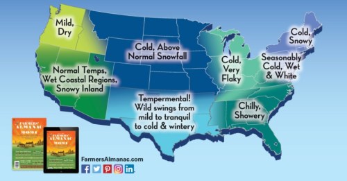 Map of the U.S. showing winter weather forecasts: mild, cold, snowy, and varying conditions across regions.