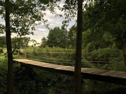 A wooden bridge stretches over a lush green area, surrounded by trees and under a cloudy sky.
