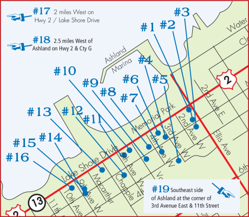 Map of Ashland, highlighting locations #1 to #19 with directional arrows and street names for navigation.