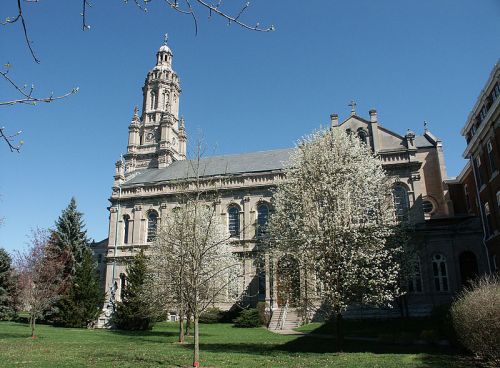 Historic church building with a tall tower, surrounded by blooming trees and a clear blue sky.